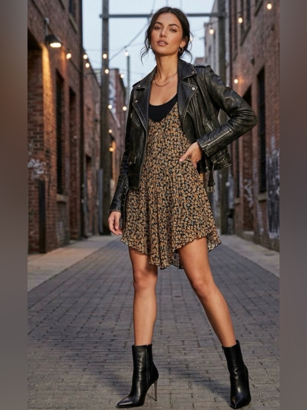 Floral Spaghetti-Strap Swing Dress in Black and Tan